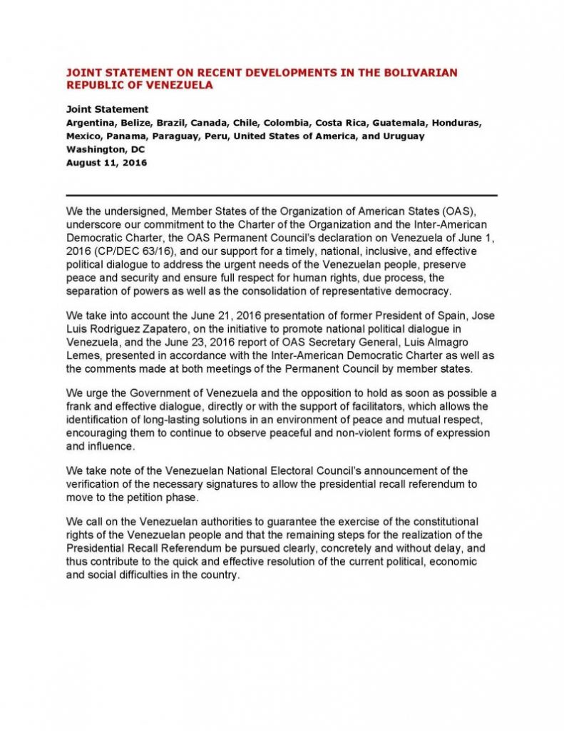 Comunicado conjunto de Estados miembros de la OEA sobre los acontecimientos recientes en la República Bolivariana de Venezuela